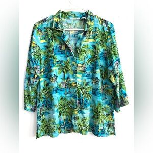 Vibrant Island Print Women's alpha Hawaiian Button Up Blouse